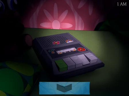 Close-up of the cassette tape player with colorful stickers in Five Nights at Candy's 3